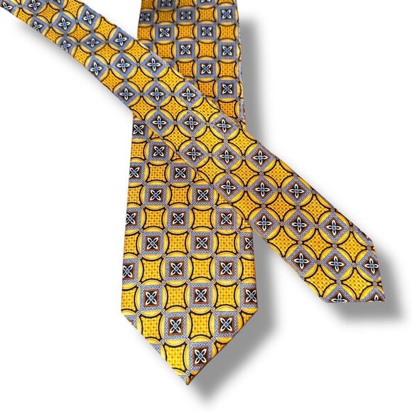 JZ Richards Boulder Gold & Blue Geometric Handmade in USA Silk Neck Tie - Picture 1 of 5